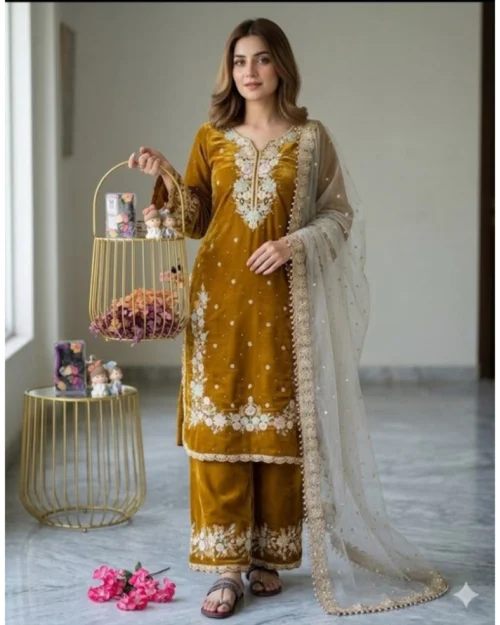 Generic Women's Silk Embroidered 3/4th Sleeve Round Kurti With Palazzo Pant and Dupatta Set (Gold)