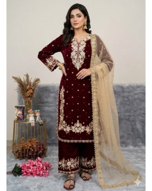 Generic Women's Silk Embroidered 3/4th Sleeve Round Kurti With Palazzo Pant and Dupatta Set (Maroon)