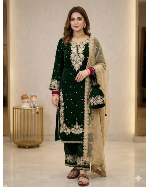 Generic Women's Silk Embroidered 3/4th Sleeve Round Kurti With Palazzo Pant and Dupatta Set (Dark Green)