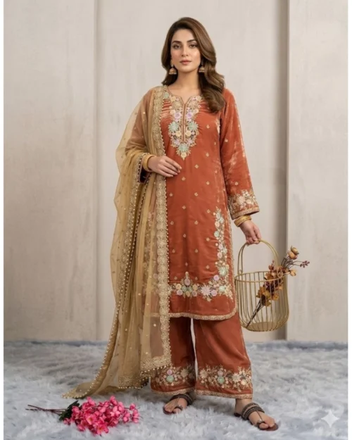 Generic Women's Silk Embroidered 3/4th Sleeve Round Kurti With Palazzo Pant and Dupatta Set (Orange)