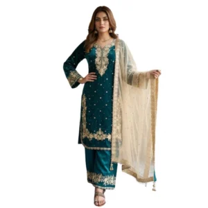 Generic Women's Silk Embroidered 3/4th Sleeve Round Kurti With Palazzo Pant and Dupatta Set (Teal)