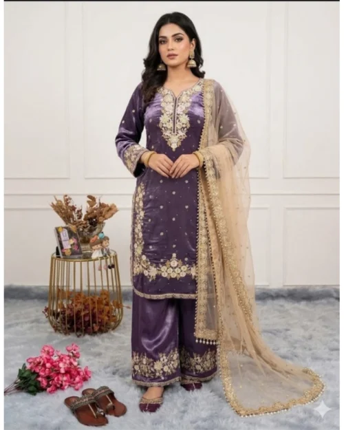 Generic Women's Silk Embroidered 3/4th Sleeve Round Kurti With Palazzo Pant and Dupatta Set (Purple)