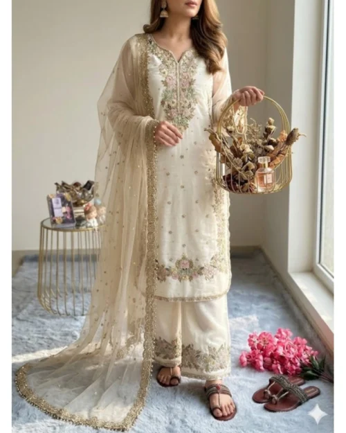 Generic Women's Silk Embroidered 3/4th Sleeve Round Kurti With Palazzo Pant and Dupatta Set (White)