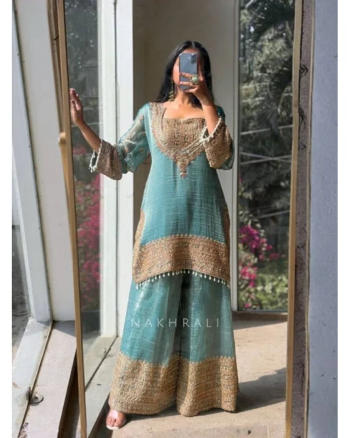 Generic Women's Silk Embroidered 3/4th Sleeve Round Kurti With Sharara Pant and Dupatta Set (Sea Green)