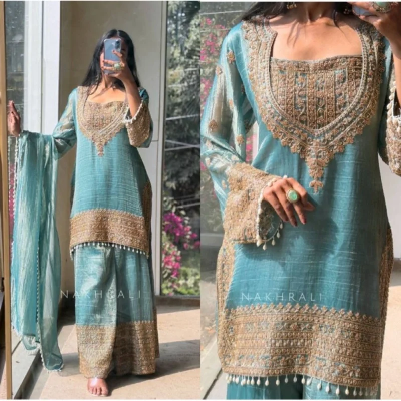 Generic Women's Silk Embroidered 3/4th Sleeve Round Kurti With Sharara Pant and Dupatta Set (Sea Green)