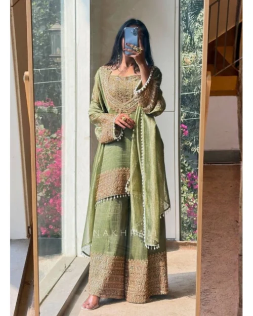 Generic Women's Silk Embroidered 3/4th Sleeve Round Kurti With Sharara Pant and Dupatta Set (Green)