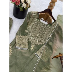 Generic Women's Silk Embroidered 3/4th Sleeve Round Kurti With Sharara Pant and Dupatta Set (Green)