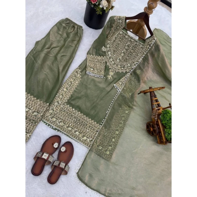 Generic Women's Silk Embroidered 3/4th Sleeve Round Kurti With Sharara Pant and Dupatta Set (Green)