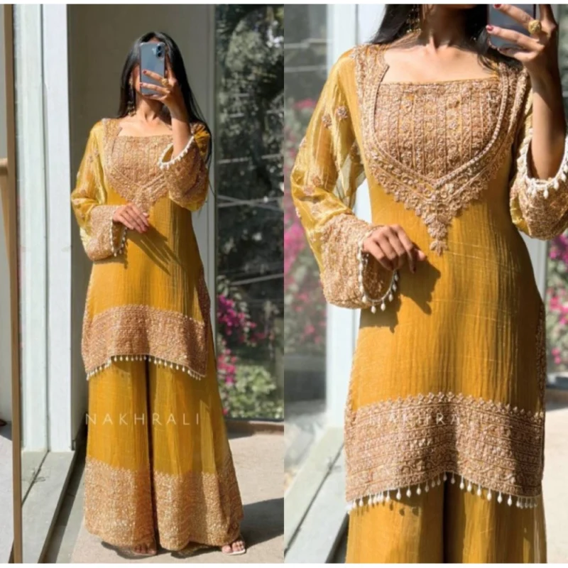 Generic Women's Silk Embroidered 3/4th Sleeve Round Kurti With Sharara Pant and Dupatta Set (Yellow)