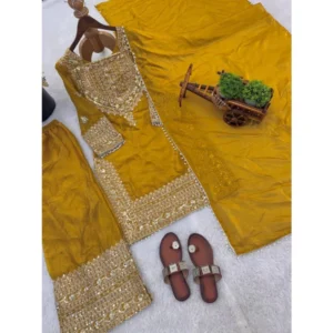 Generic Women's Silk Embroidered 3/4th Sleeve Round Kurti With Sharara Pant and Dupatta Set (Yellow)