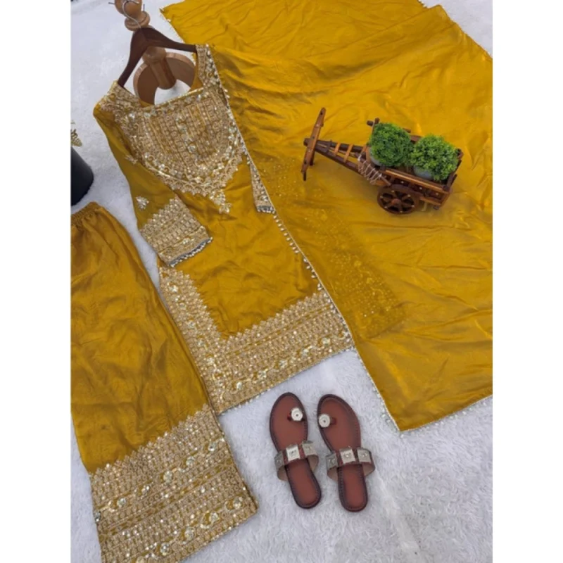 Generic Women's Silk Embroidered 3/4th Sleeve Round Kurti With Sharara Pant and Dupatta Set (Yellow)