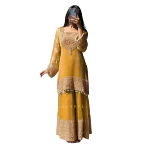 Generic Women's Silk Embroidered 3/4th Sleeve Round Kurti With Sharara Pant and Dupatta Set (Yellow)