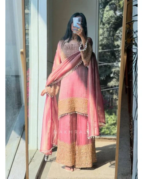 Generic Women's Silk Embroidered 3/4th Sleeve Round Kurti With Sharara Pant and Dupatta Set (Pink)