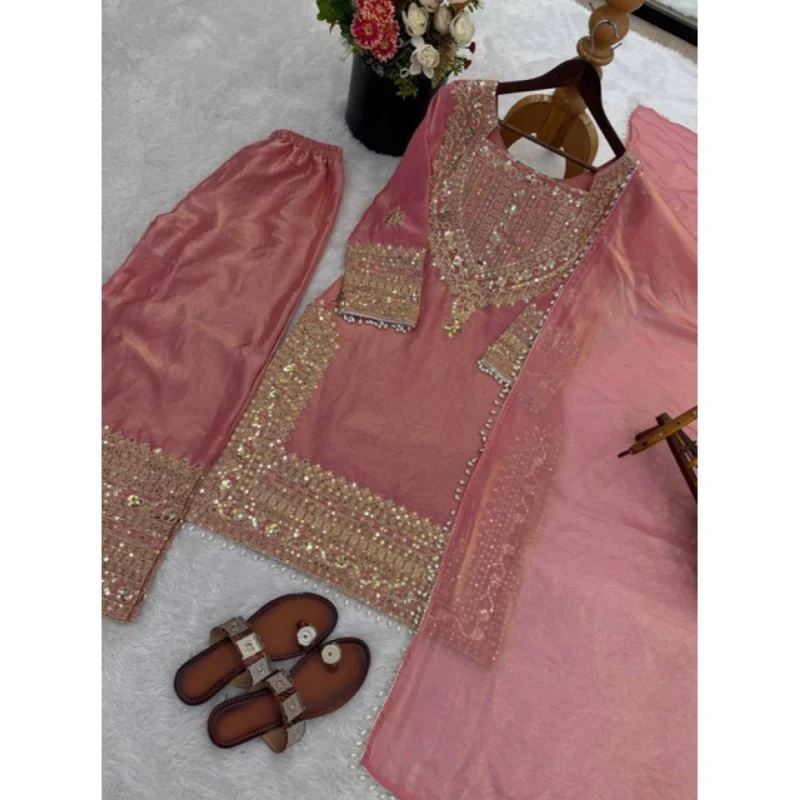 Generic Women's Silk Embroidered 3/4th Sleeve Round Kurti With Sharara Pant and Dupatta Set (Pink)