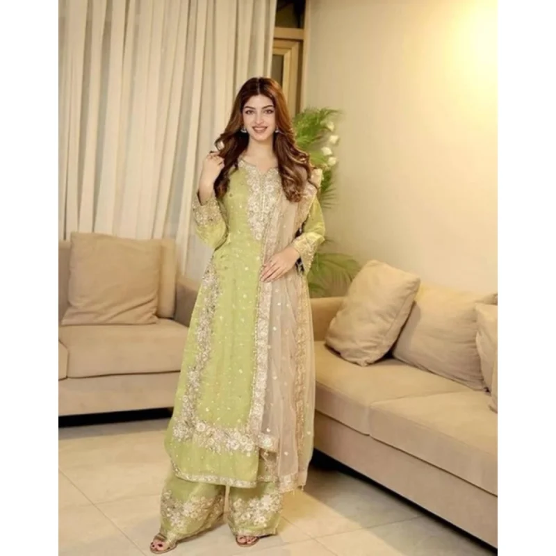 Generic Women's Silk Embroidered 3/4th Sleeve Round Readymade Kurti With Palazzo Pant and Dupatta Set (Pista)