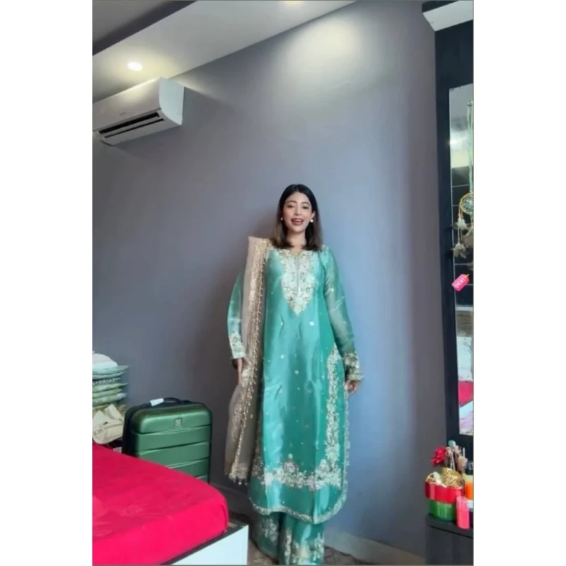 Generic Women's Silk Embroidered 3/4th Sleeve Round Readymade Kurti With Palazzo Pant and Dupatta Set (Sea Green)