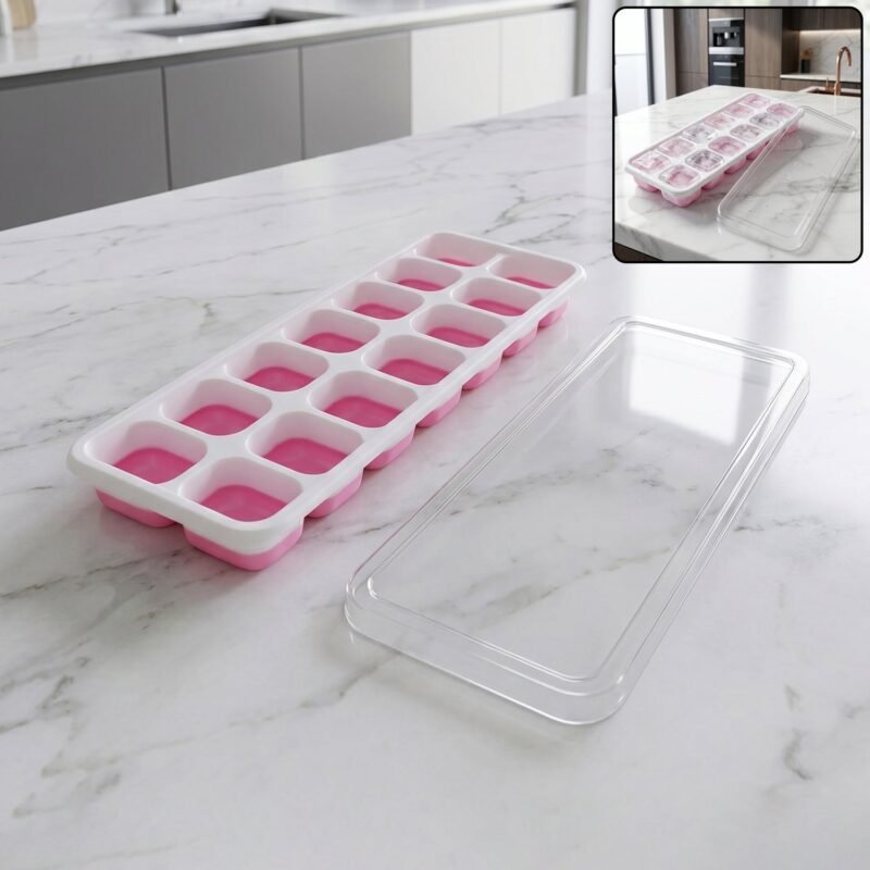 PinkIceCubeTrays-01.jpg Plastic Ice Cube Tray � Durable with Lid for Easy Freezing