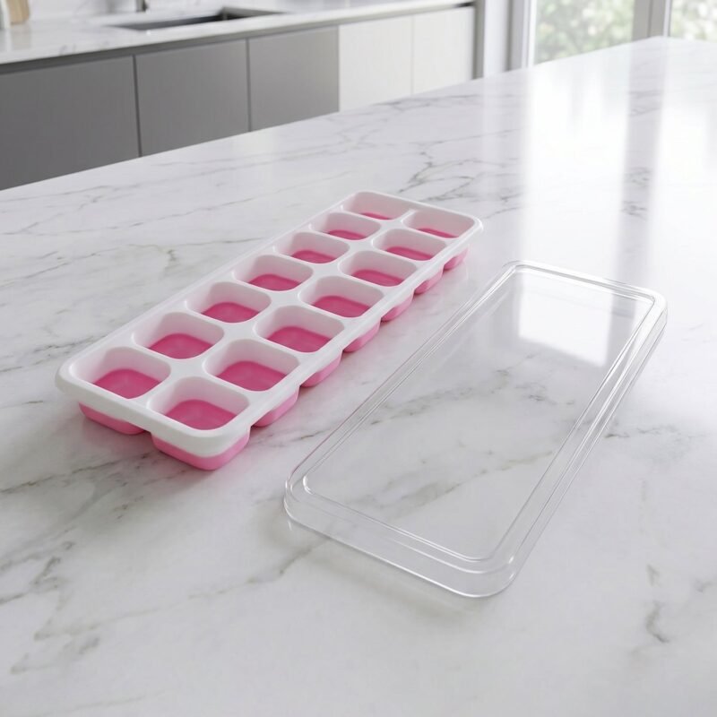 PinkIceCubeTrays-06.jpg Plastic Ice Cube Tray � Durable with Lid for Easy Freezing