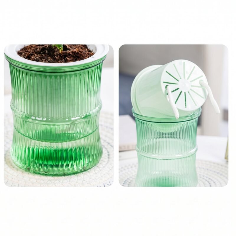 Self-Watering Bamboo Style Plastic Flower Pot � Easy Indoor Plant Care