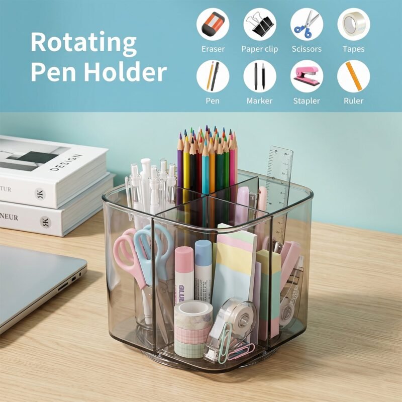 Desk Organizer � 360� Rotating Acrylic Pen Stand for Workspace