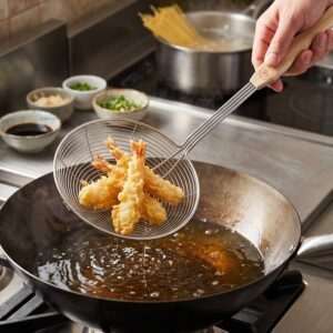 Strainer-3.jpg Stainless Steel Frying Skimmer � Long Handle for Safe Cooking