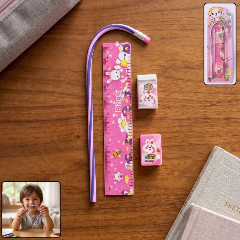 StylishFoldablePencilwithScale-01.jpg Kids Stationery Set � Fun Pink Design for School & Gifting