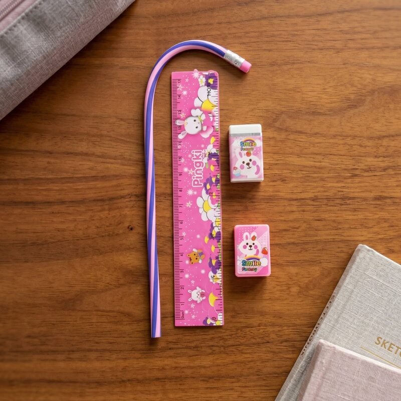 StylishFoldablePencilwithScale-06.jpg Kids Stationery Set � Fun Pink Design for School & Gifting