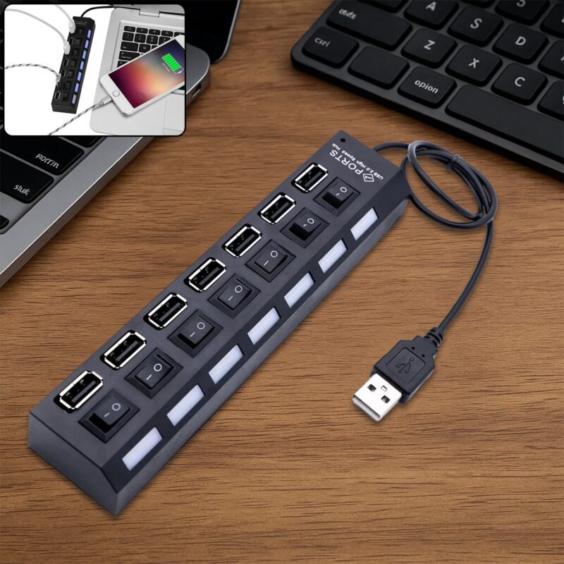 USB-01.jpg 7 Port USB Hub – 7-in-1 Individual Switches, LED Indicators | Compshop
