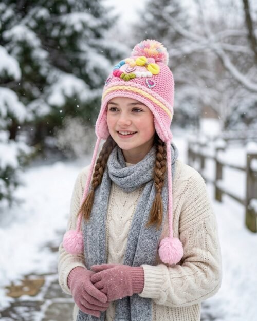 Kids Winter Woolen Ear Flap Cap – Soft & Warm with Pom Pom