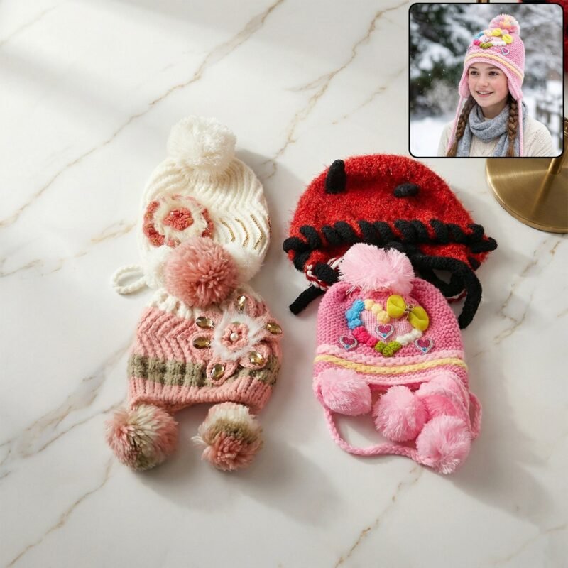 WinterCap03Combo-WOSKU-01.jpg Kids Winter Woolen Ear Flap Cap – Soft & Warm with Pom Pom