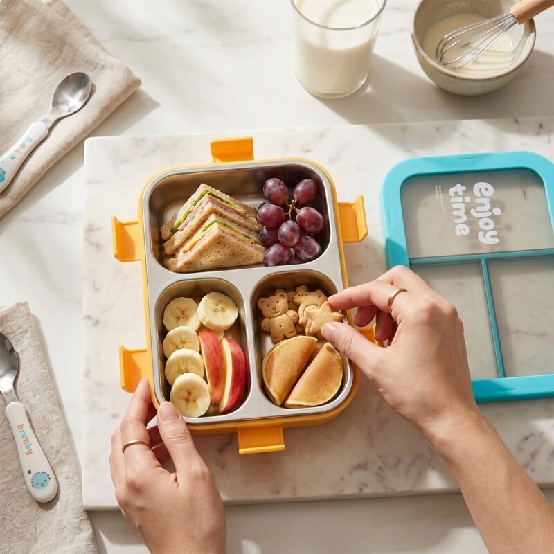 YellowKidsLunchbox-02.jpg Airtight 3 Compartment Stainless Steel Lunch Box � Food Organiser