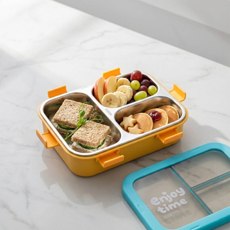 YellowKidsLunchbox-03.jpg Airtight 3 Compartment Stainless Steel Lunch Box � Food Organiser