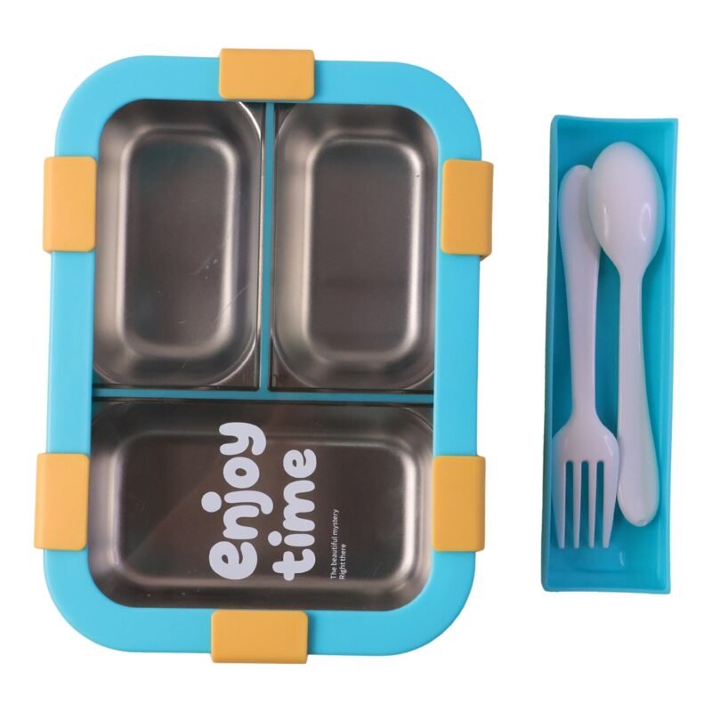 YellowKidsLunchbox-04.jpg Airtight 3 Compartment Stainless Steel Lunch Box � Food Organiser