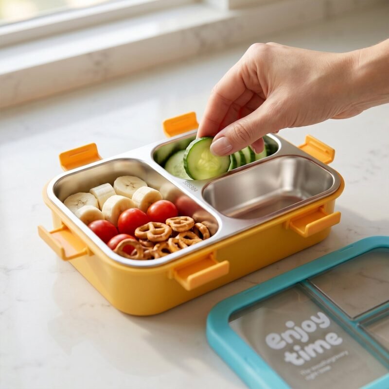 YellowKidsLunchbox-05.jpg Airtight 3 Compartment Stainless Steel Lunch Box � Food Organiser