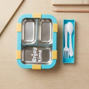YellowKidsLunchbox-06.jpg Airtight 3 Compartment Stainless Steel Lunch Box � Food Organiser