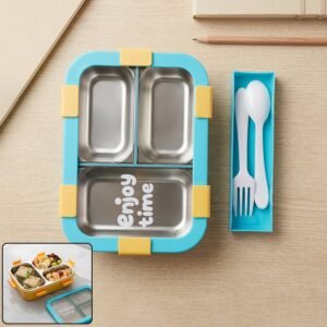 YellowKidsLunchbox-WOSKU-01.jpg Airtight 3 Compartment Stainless Steel Lunch Box � Food Organiser