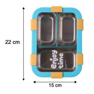 YellowKidsLunchbox-size.jpg Airtight 3 Compartment Stainless Steel Lunch Box � Food Organiser