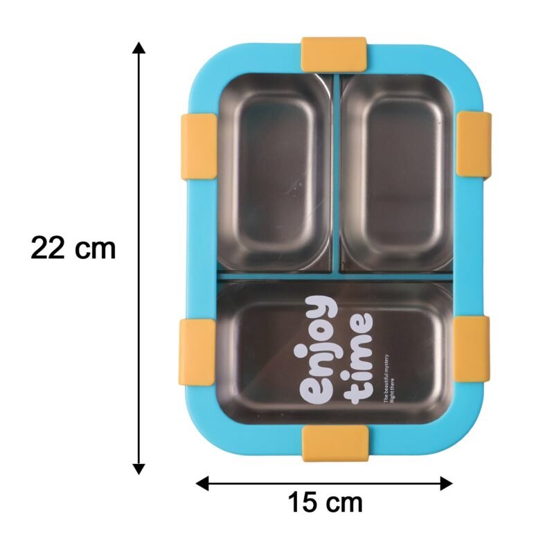 YellowKidsLunchbox-size.jpg Airtight 3 Compartment Stainless Steel Lunch Box � Food Organiser