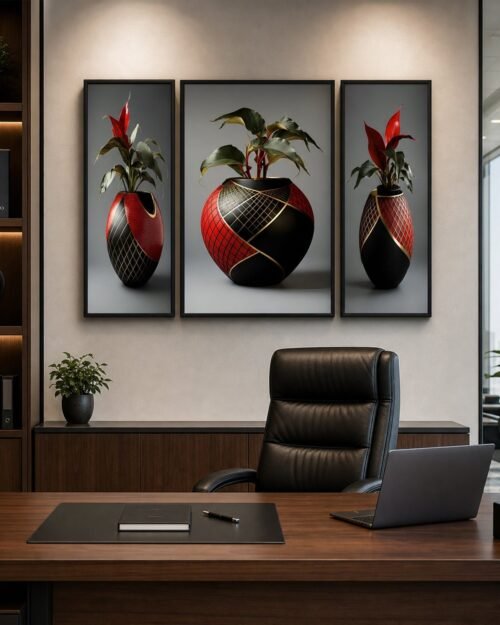 Flower Vase Wall Art � Vibrant Floral 3-Panel MDF Frame