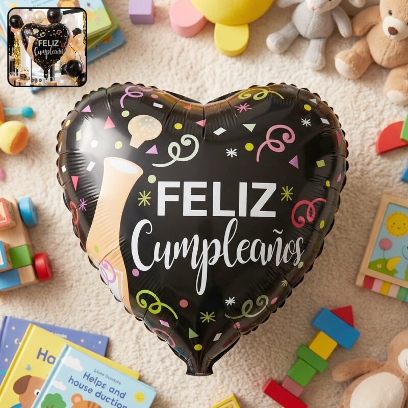 Black Heart Feliz Cumplea�os Foil Balloon � Bright Party Decor