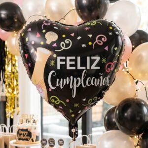Black Heart Feliz Cumplea�os Foil Balloon � Bright Party Decor