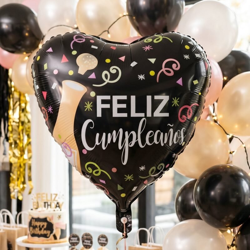 Black Heart Feliz Cumplea�os Foil Balloon � Bright Party Decor