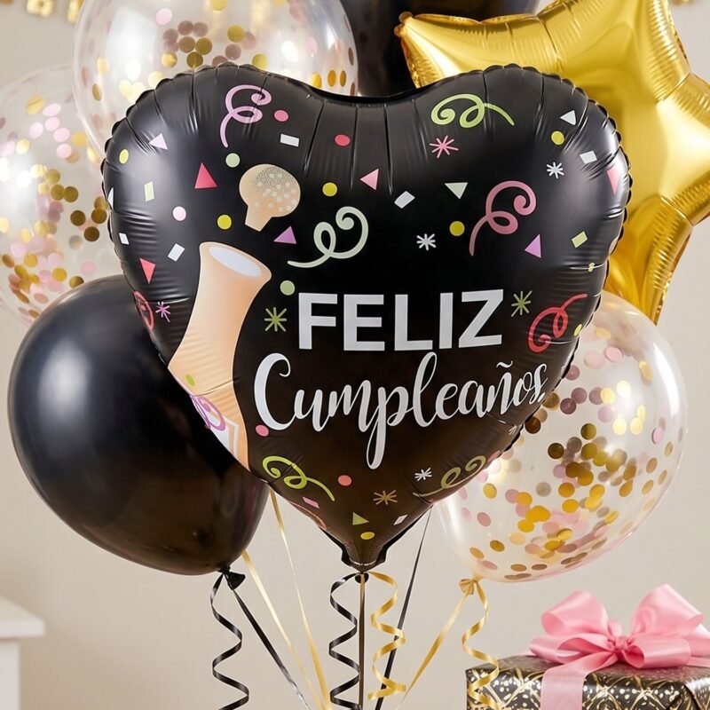 Black Heart Feliz Cumplea�os Foil Balloon � Bright Party Decor