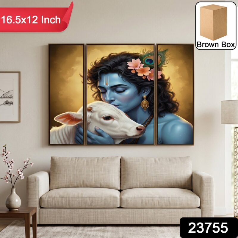 Krishna N Cow Wall Art � Vibrant 3 Panel MDF Design for Home