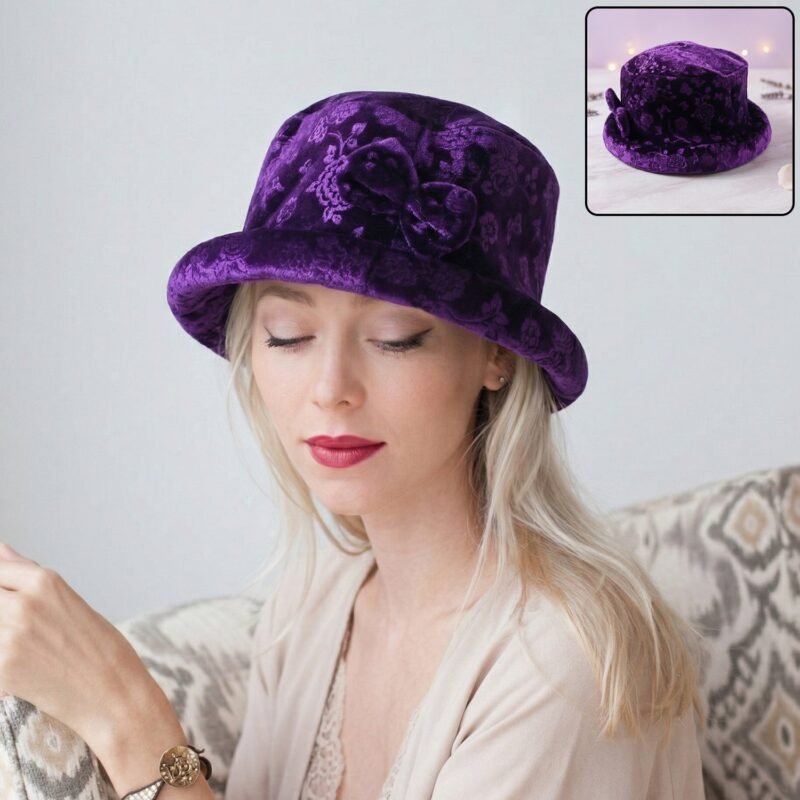 winterhat-WOSKU-1.jpg Velvet Floral Bucket Hat – Elegant Winter Accessory for Women