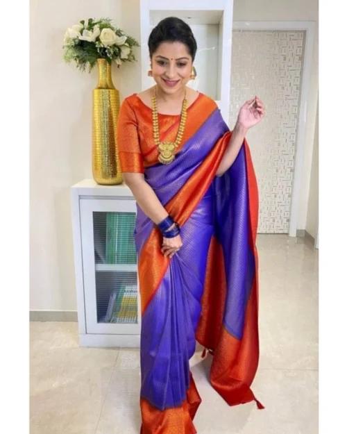 Generic Women's Soft Lichi Silk Printed Saree With Unstitched Blouse 5.5Mtr (Blue)