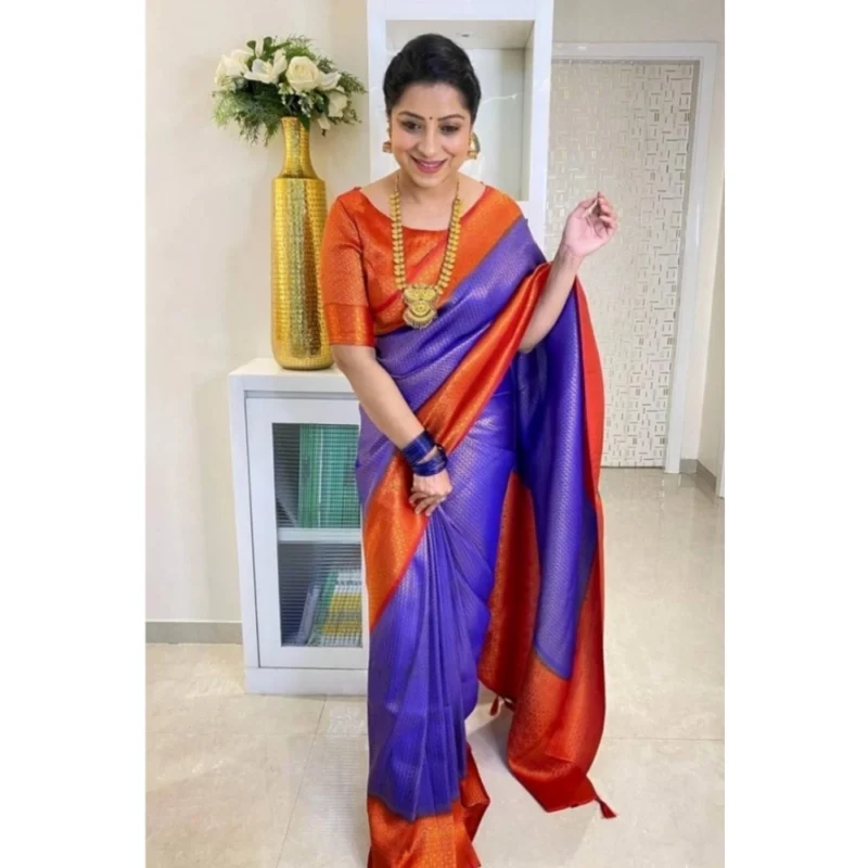 wmremove-transformed-1000x1000-1.webp Generic Women's Soft Lichi Silk Printed Saree With Unstitched Blouse 5.5Mtr (Blue)