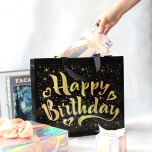 Birthday Gift Bag with Gold Stars – Reusable Black Tote