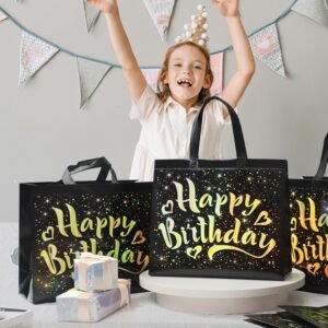 Birthday Gift Bag with Gold Stars – Reusable Black Tote
