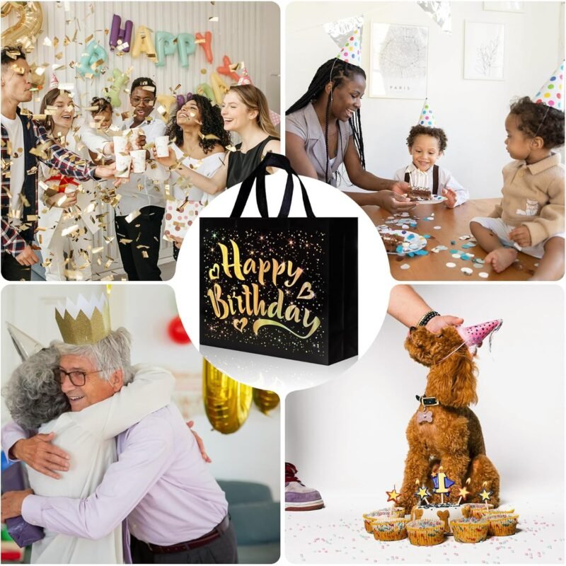 Birthday Gift Bag with Gold Stars – Reusable Black Tote